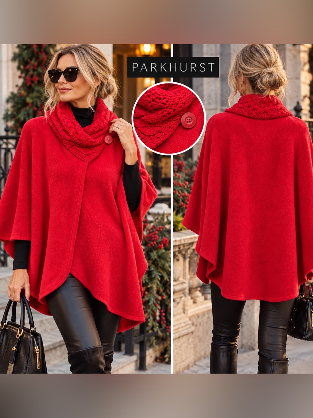 Parkhurst Red Cable-Cowl Button Poncho